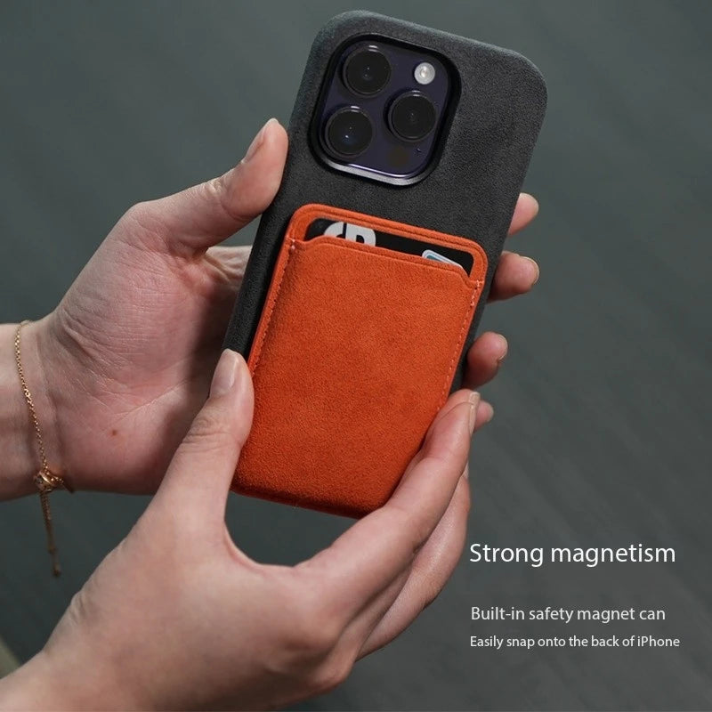 Real ALCANTARA Magnetic Card Holder For iPhone 17 16 15 Pro Max With Magsafe Alcantara Wallet Case Orange/Blue Leather Bag